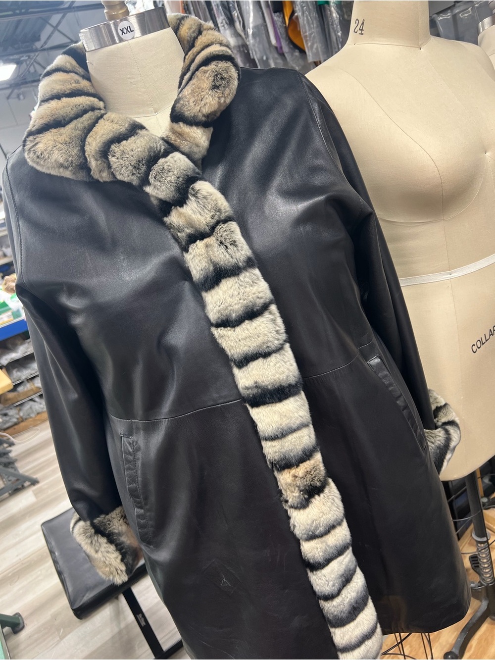 Black Leather Coat with Striped Fox Fur Trim L